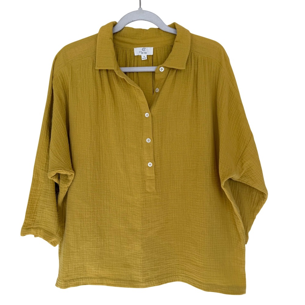 P. Cill Gauzy Cotton Short Sleeve Top S Button Front Gold Relaxed Fit Casual NEW